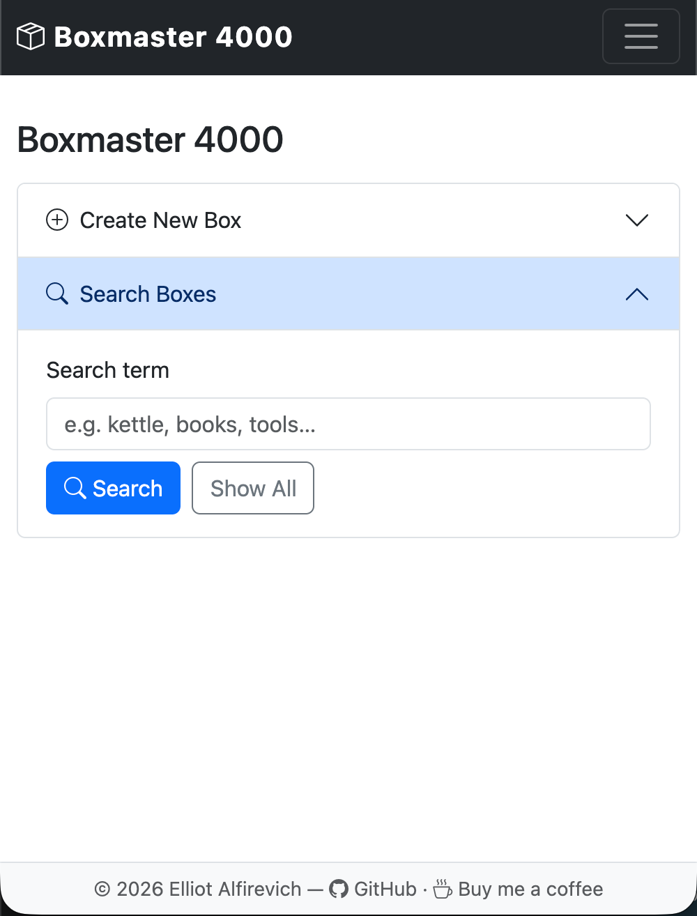 The Boxmaster 4000 home screen — search box at top, quick-add form, and live inventory list below