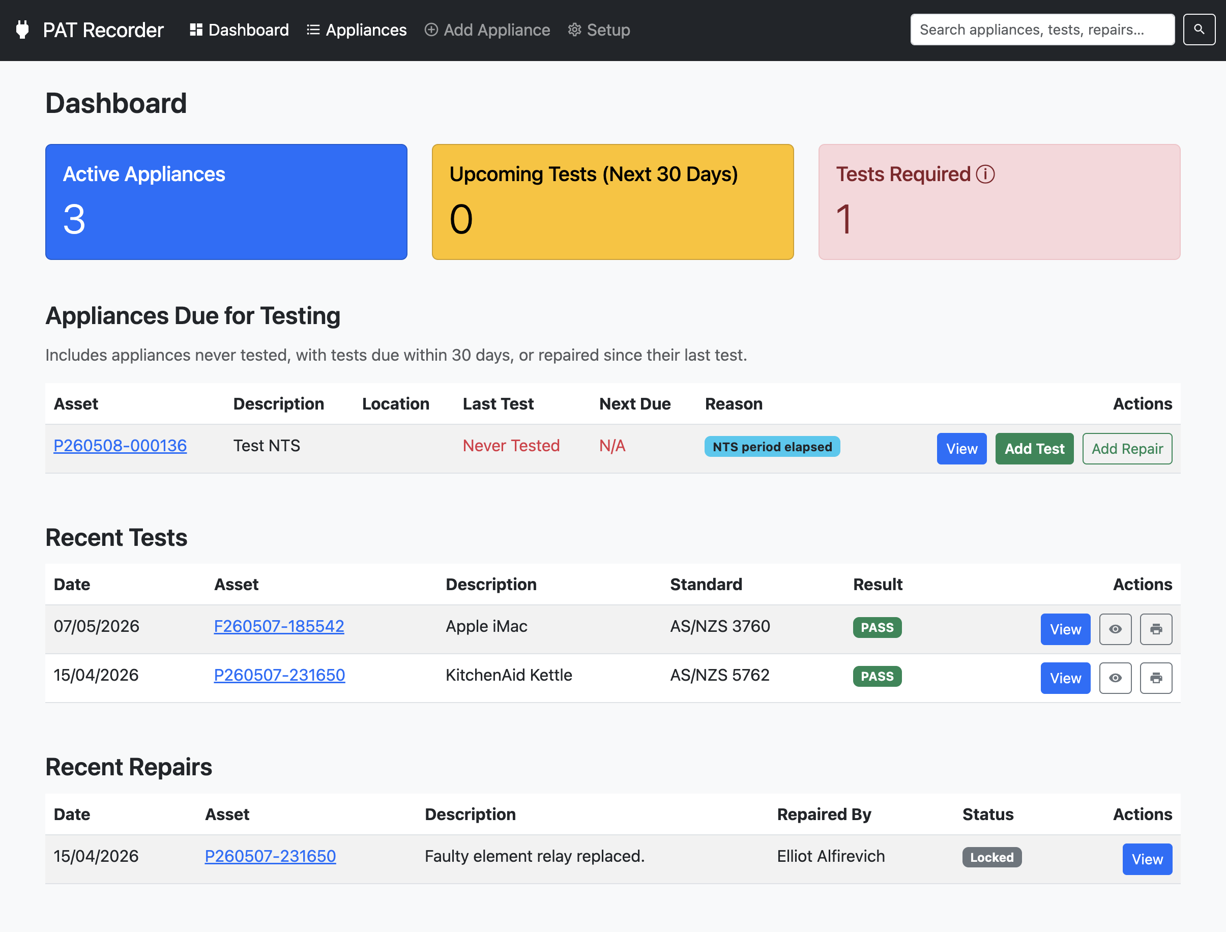 The PAT Recorder dashboard — four key metrics at a glance with a live list of appliances due for testing