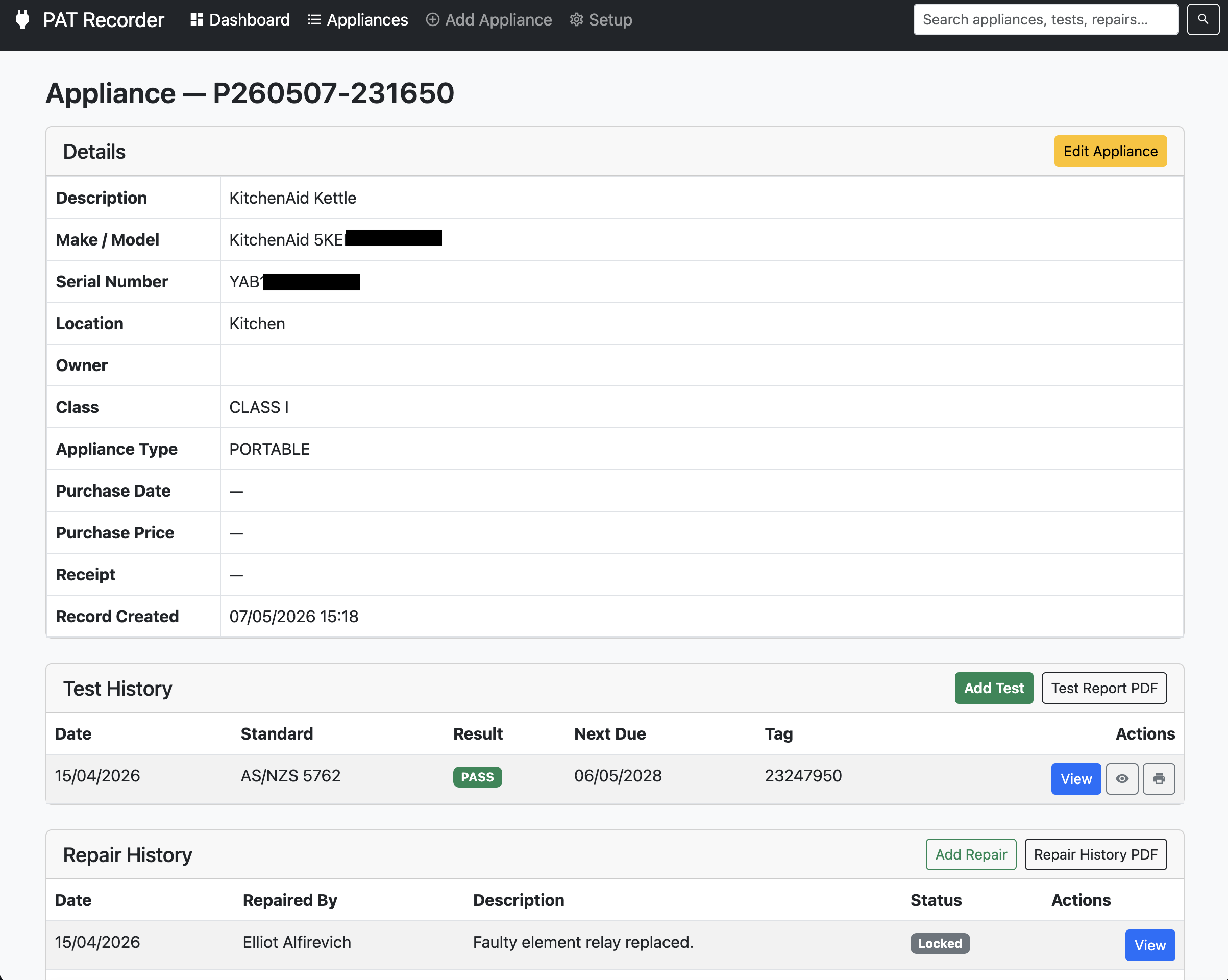 Appliance detail page showing the full test and repair history