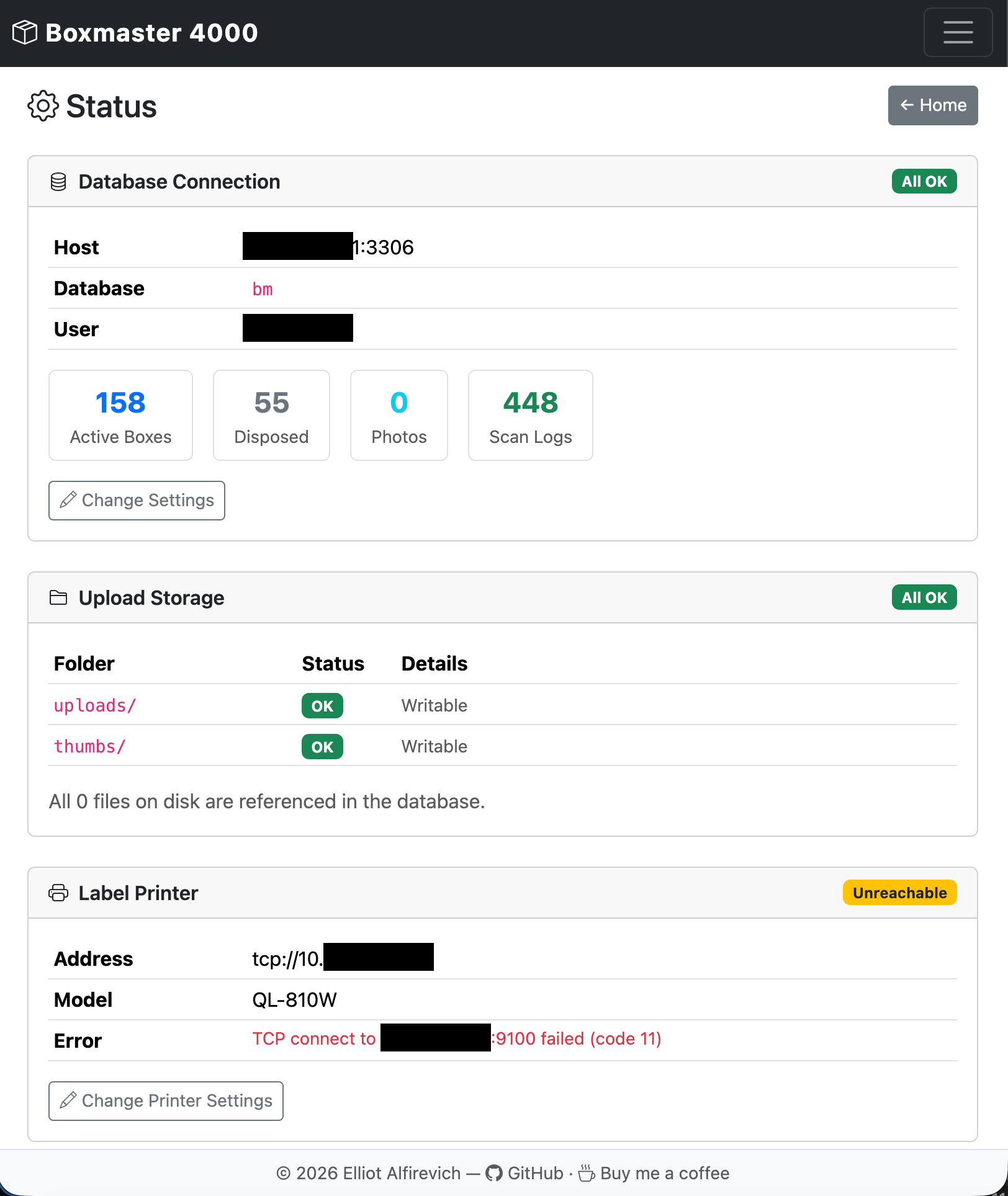 The system status dashboard — green lights for database, storage, and printer